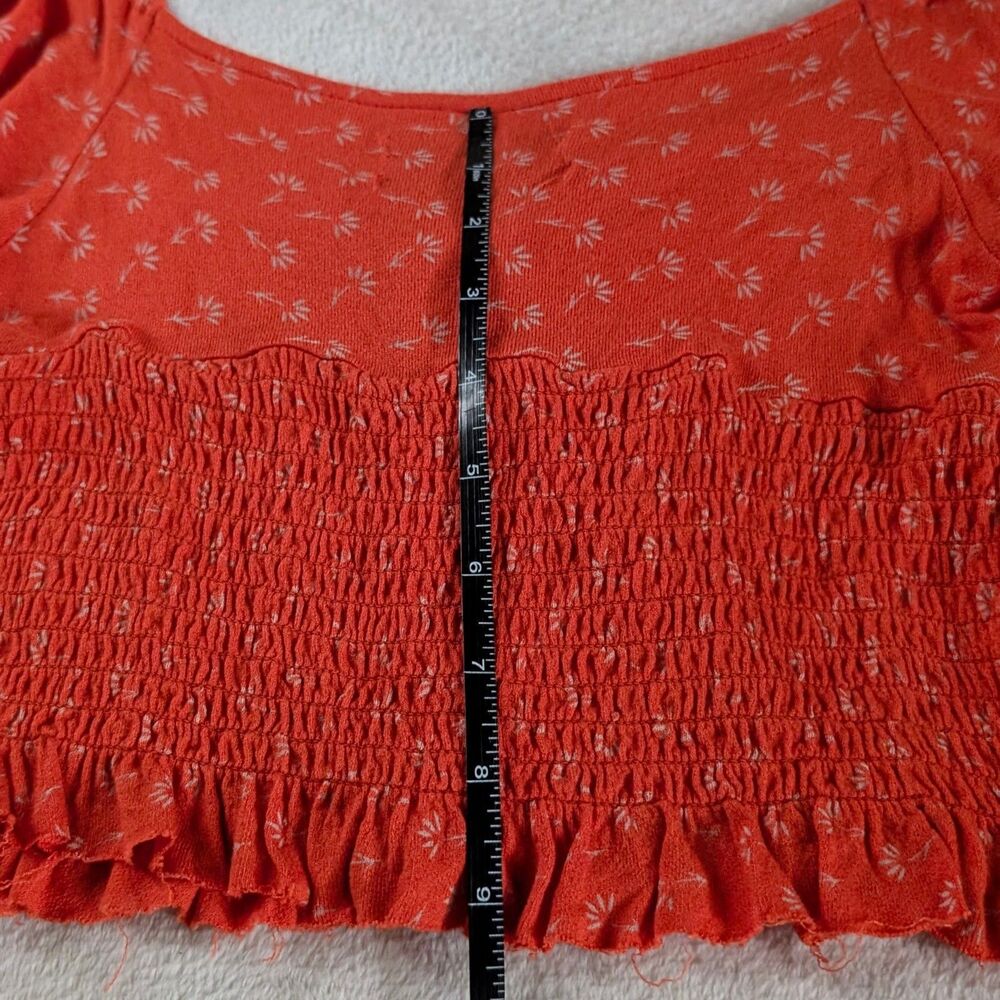 Floral Cropped Long Puff Sleeve Blouse Women's Medium Coral Orange Ditsy Print - Picture 7 of 7